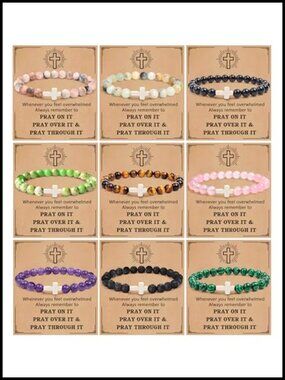 9 Pc Natural Stone Cross Stretch Bracelets Set Elastic Christian